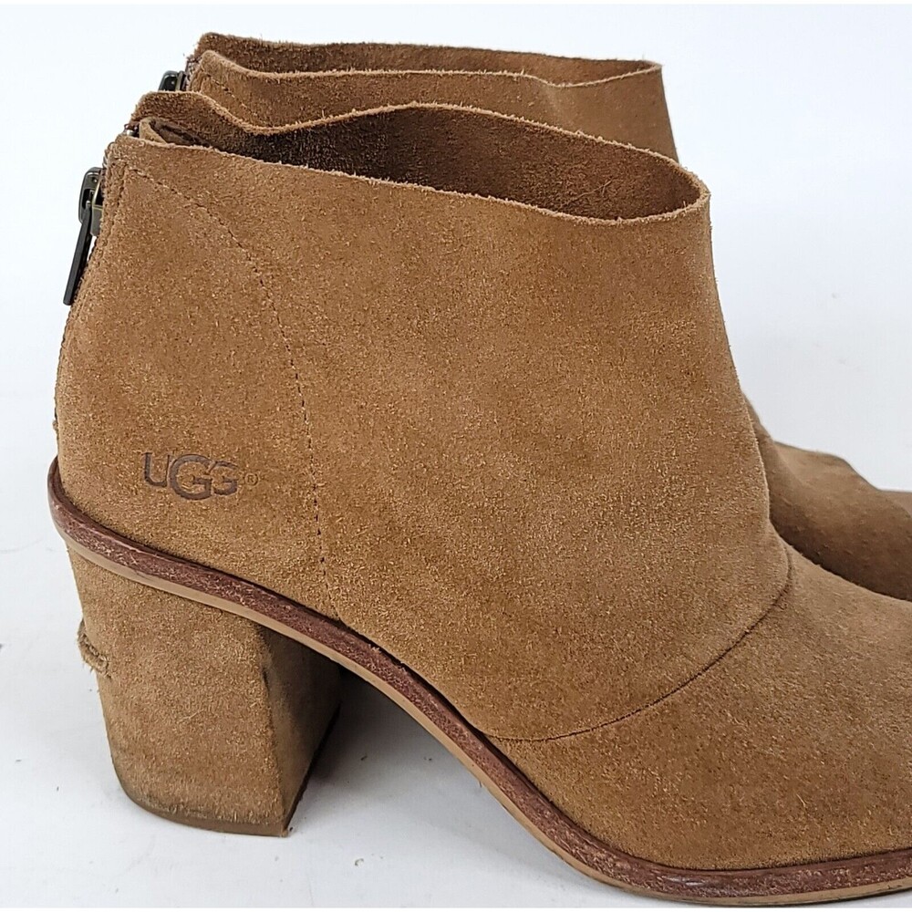 UGG Bootie Womens 7 Suede Ginger Chestnut Peep Toe Ankle Block Heel Boots - Picture 7 of 14